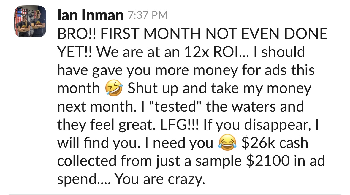 Ian: 12x ROI, $26k collected from $2,100 ad spend
